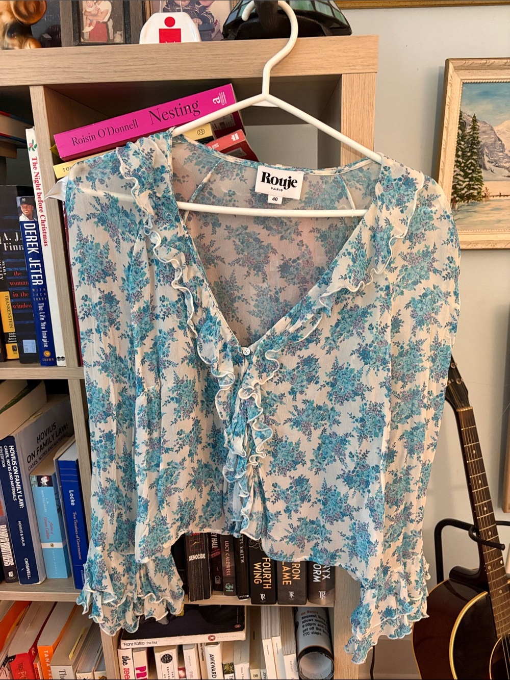 Rouje Cream Blouse with Blue Floral Ruffle Trim